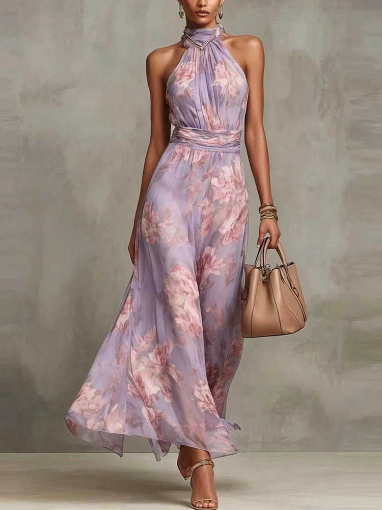 Fiora | Abito lungo in chiffon verde con stampa floreale e scollo all'americana.