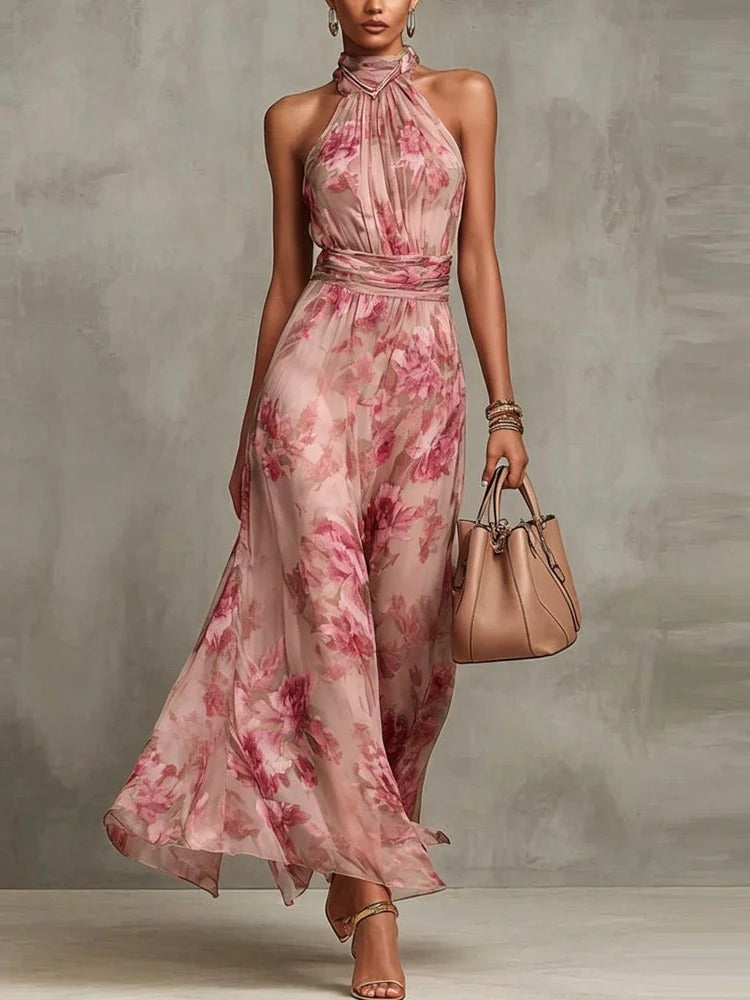 Fiora | Abito lungo in chiffon verde con stampa floreale e scollo all'americana.