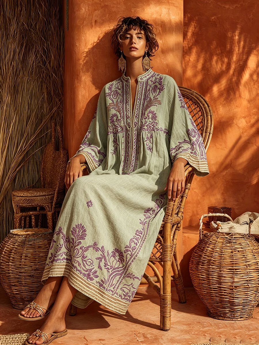 Celestina | Abito boho ricamato dal fascino mediterraneo blu
