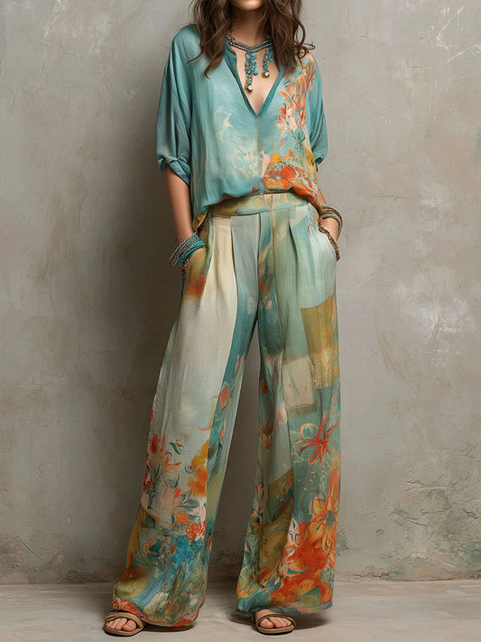 Chiara — Set elegante stampa floreale con pantalone ampio